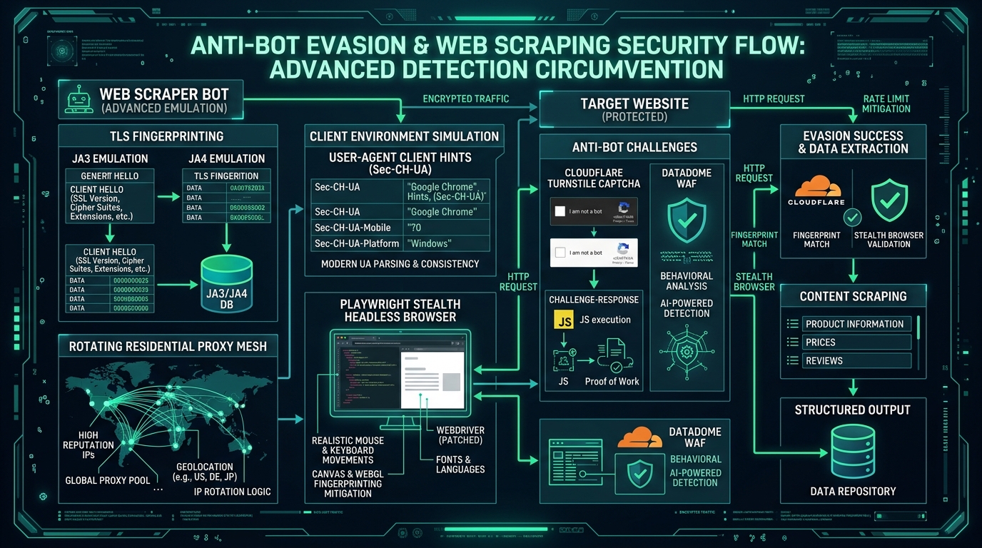 How to Scrape Websites Without Getting Blocked: 7 Anti-Bot Evasion Tactics — Technical Architecture Infographic & scrape websites without getting blocked Workflow Diagram