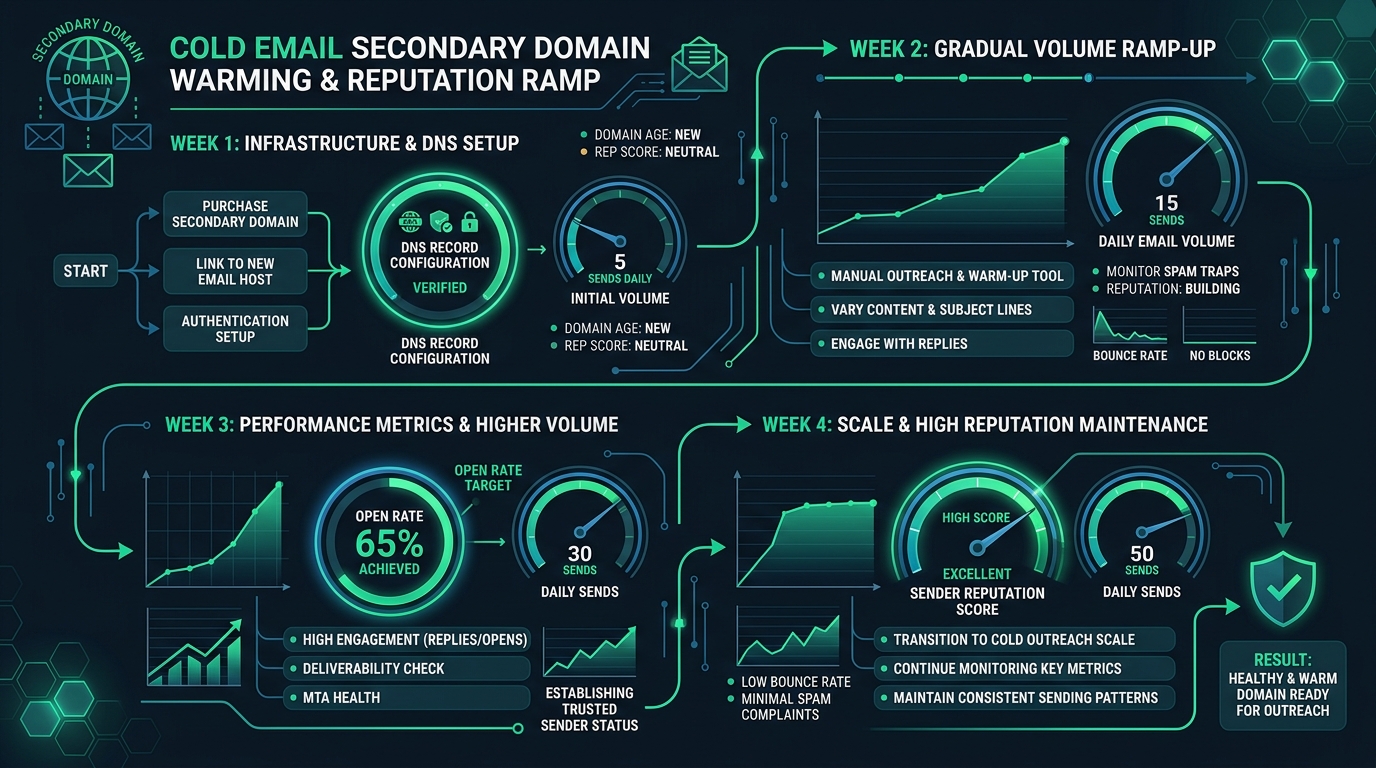 How to Set Up SPF, DKIM, and DMARC for Cold Outbound Domains — Technical Architecture Infographic & spf dkim dmarc setup cold email Workflow Diagram