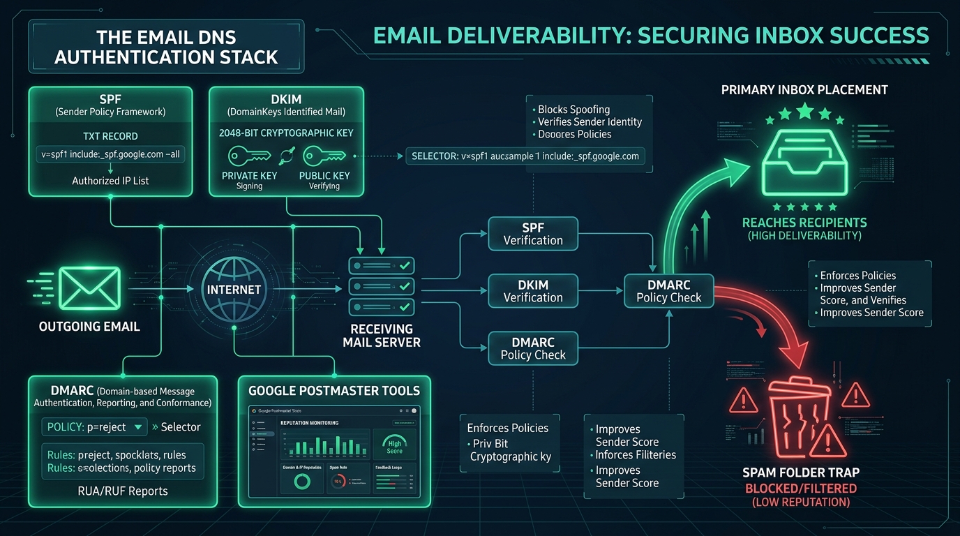 Cold Email Deliverability Mastery: How to Land 98%+ of Cold Inbound in the Primary Inbox — Technical Architecture Infographic & cold email deliverability guide Workflow Diagram