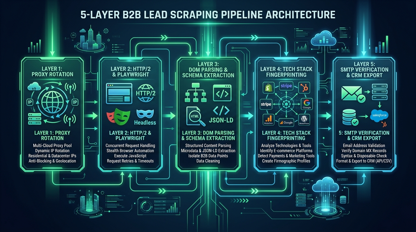 The Ultimate B2B Lead Scraping Playbook: From Raw URLs to Verified Decision Makers — Technical Architecture Infographic & B2B lead scraping playbook Workflow Diagram