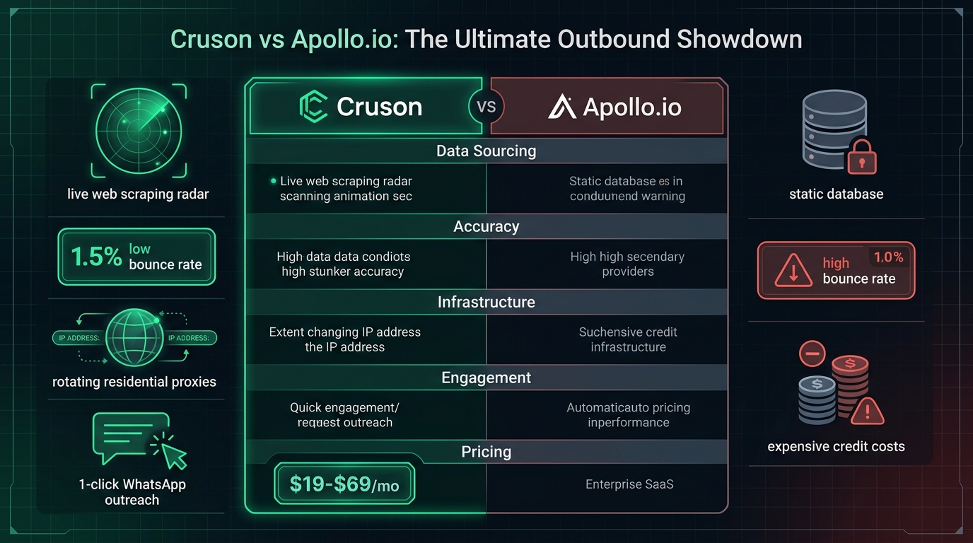 Cruson vs Apollo.io comparison matrix detailing live web scraping vs static database accuracy and pricing