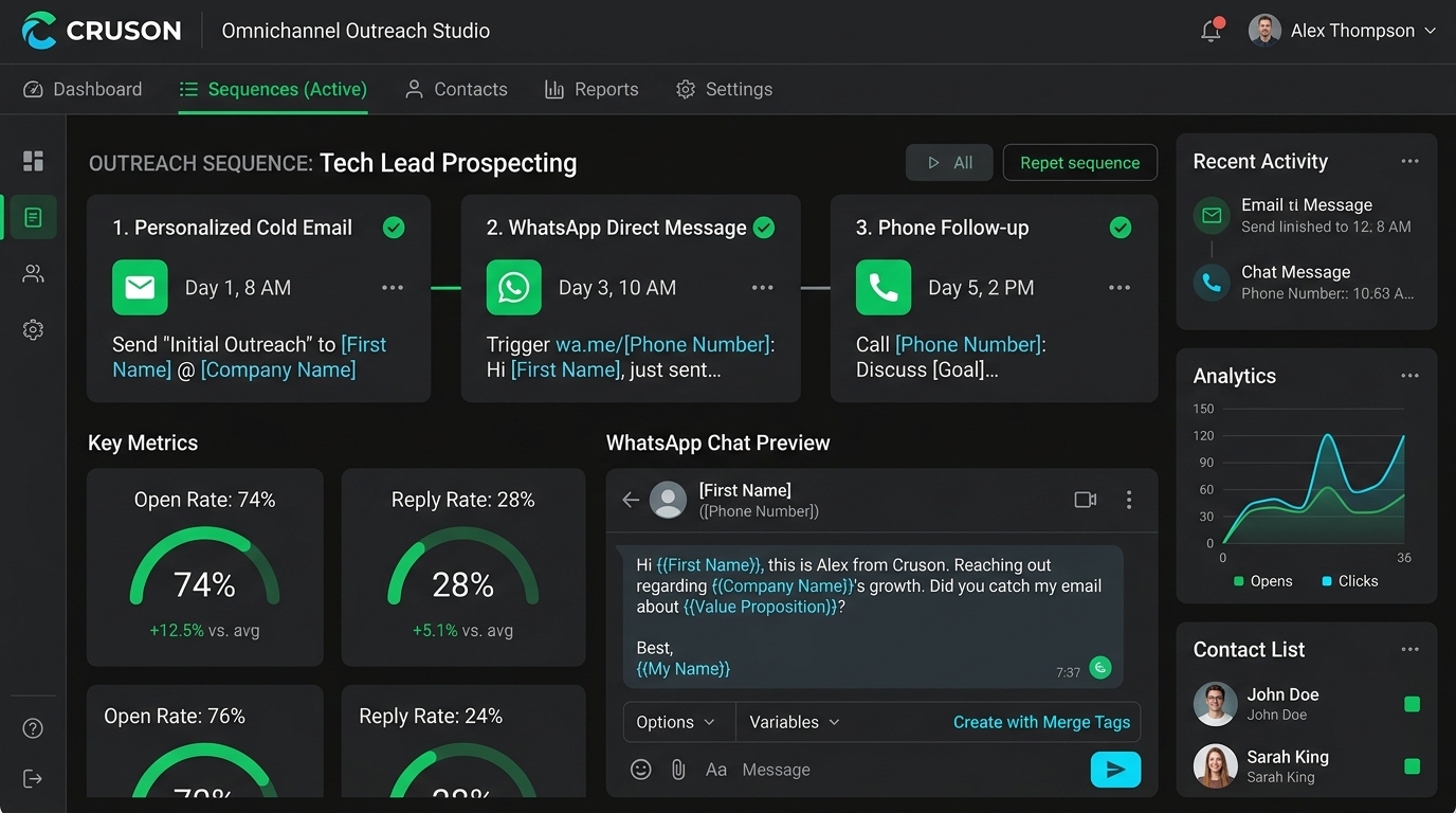 A screen-by-screen guide to building multi-touch cold outreach sequences combining personalized email, WhatsApp wa.me links, and phone follow-ups using Cruson Outreach Studio.