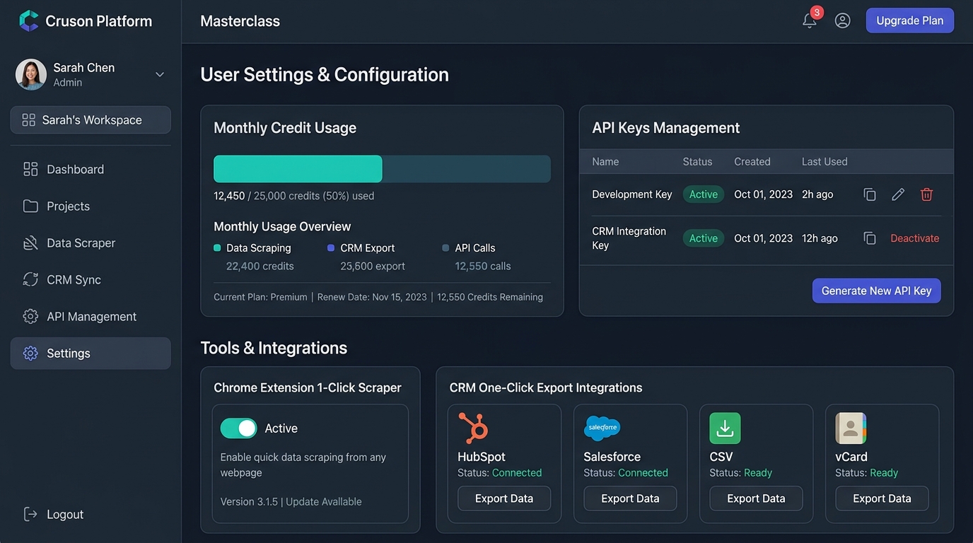 The complete Cruson platform onboarding guide: account setup, credit tiers, Chrome extension 1-click scraper, HubSpot sync, CSV export, vCard, and REST API keys.